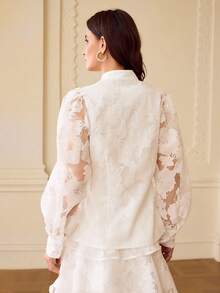 ZEYLAH Áo kiểu nữ tay dài màu trơn, chất liệu ren, thanh lịch và thoải mái. - Màu be - Xem 3