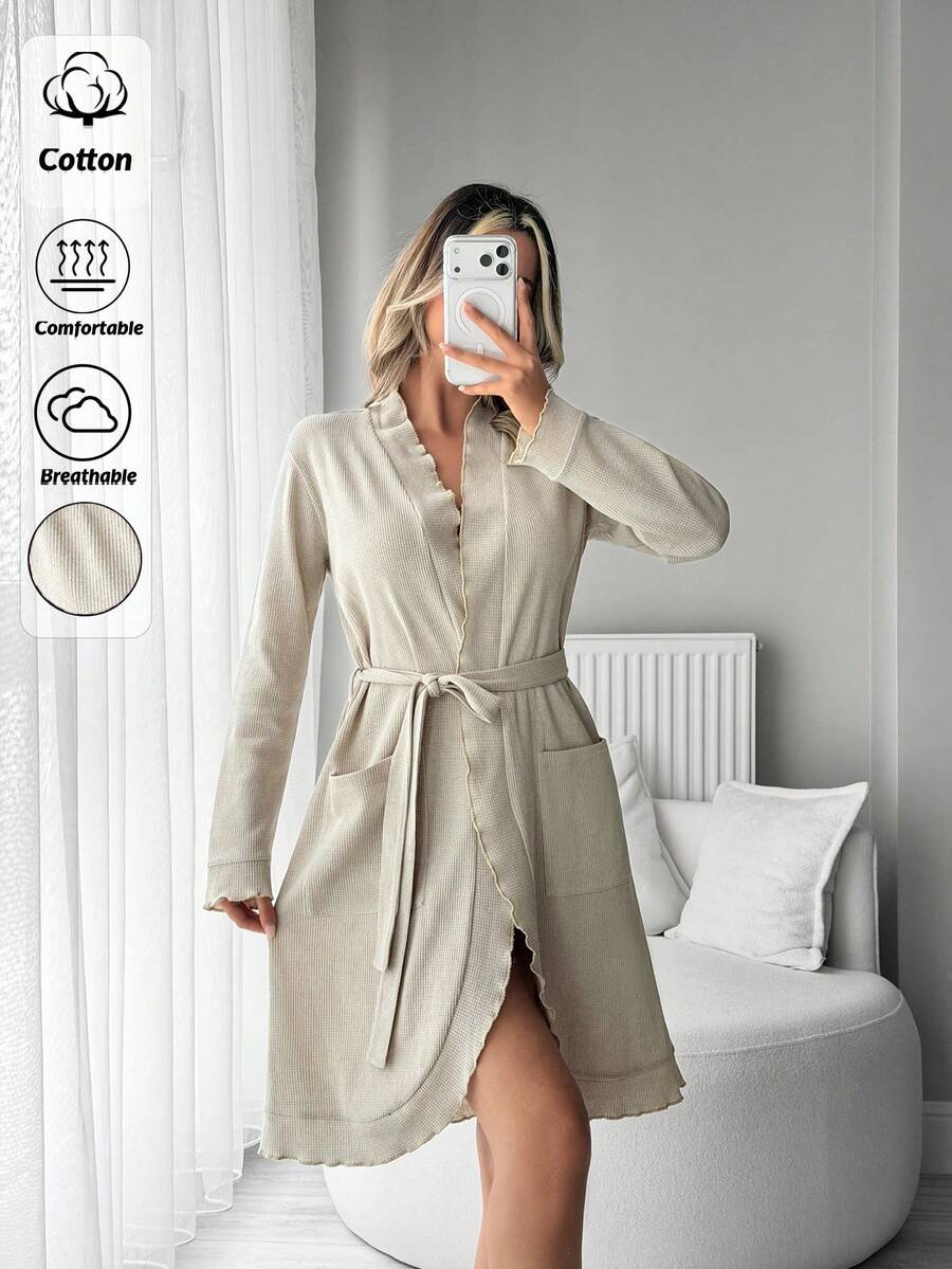 SHEIN Women Cotton Waffle Rib Knit With Pocket&Ruffle Detail Belted Homewear Comfort Lounge Set - Beige - View 1