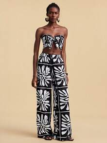 Travachic Bộ đồ thể thao nữ mùa hè thường ngày, phối màu tương phản, gồm áo croptop ống buộc dây và quần dài. - Nhiều màu - Xem 7