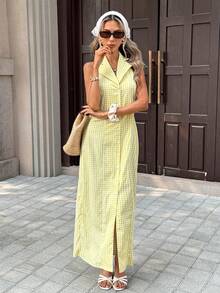 Pariaura Đầm dài không tay cổ chữ V hở lưng thắt eo, đầm thanh lịch dành cho nữ, phù hợp cho mùa xuân, hè, thu, đông, hẹn hò, thường ngày, công sở, văn phòng, đi biển, nghỉ mát. Đầm kẻ caro vàng, đầm maxi cổ yếm cho nữ, đầm đi nghỉ mát, đầm dã ngoại cho nữ, đầm cài nút màu vàng, đầm maxi cổ yếm màu vàng cho nữ, đầm đi nghỉ mát, đầm dã ngoại cho nữ. - Màu vàng - Xem 6
