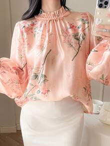 DAZY 女士高领宽松灯笼袖修身优雅印花衬衫 - 粉色 - 查看 3