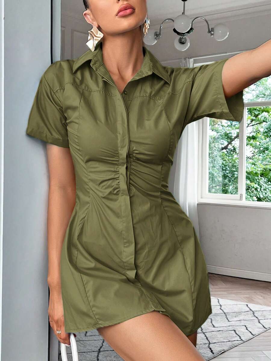 Aveloria Modichic Summer Solid Color Elegant Short Sleeve Dress With Folded Collar Dresses For Women Elegant - Olive Green - View 1