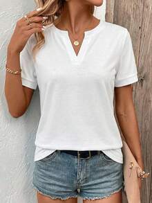 SHEIN 女士纯色V领短袖休闲百搭T恤 - 白色 - 查看 4