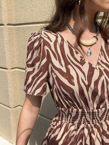 Solivie 女士斑马纹褶皱花瓣袖腰带中长连衣裙 - 棕色 - 查看 8