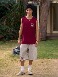 Open Phase Coastal | 男士轻薄夏季度假棕榈树字母印花圆领休闲背心 - 酒紅色 - 查看 7