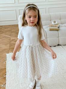 Dazy Kids 女童圆领短袖格子网纱下摆可爱连衣裙 - 米色 - 查看 3