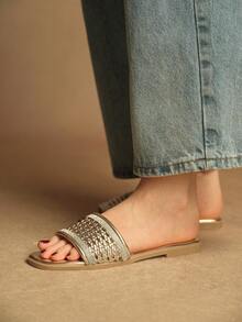 Rosivie Women's Rhinestone Hollow Strap Casual Comfortable Flat Sandals, Square Toe Design For Commuting - Champagne - View 2