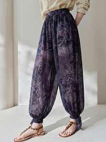 Aveloria Modichic 波西米亚风腰果花印花雪纺灯笼裤，中腰常规长度长裤 - 彩色 - 查看 6