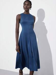Aveloria Modichic Minimalist Satin Pleated Sleeveless Flared Midi Dress - Navy Blue - View 4