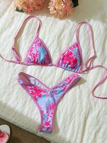 Swim Mod Set de 2 piezas de bikini de tiras finas y corte alto con estampado aleatorio para mujer en verano - Multicolor - Ver 5