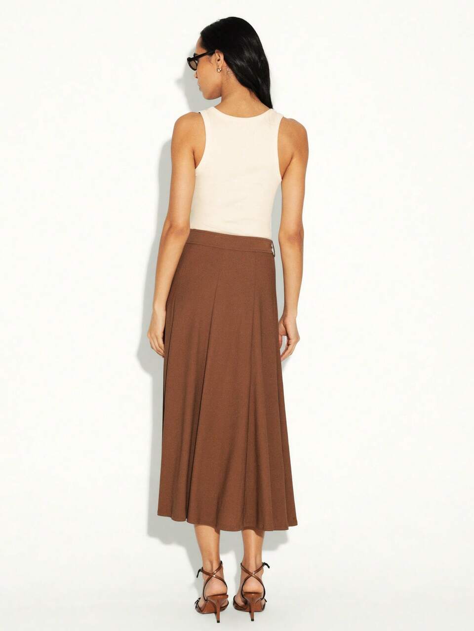 KSTM Women's Brown Chain Link Waist Panel Gore Midi Skirt With Belt Detail For Fall Season Casual Wear