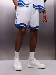 PLAYBOY X SUMWON Men's Casual Summer Drawstring Shorts With Wave Print Detail And Bunny Logo Holiday Beach Vacation Relaxed Fit Elastic Waistband - Multicolor - View 4