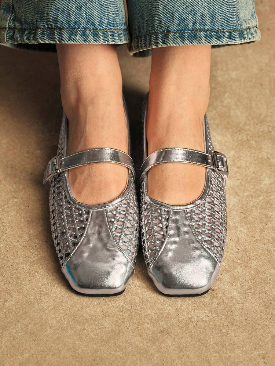 Rosivie 女士休闲编织方头舒适玛丽珍平底鞋 - 銀色 - 查看 1
