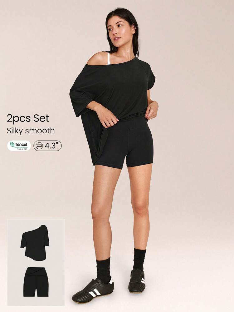 2 Pieces Tencel™ Modal 4.3'' Gotta Glow Asymettric Relaxed Quarter-Sleeve Off-Shoulder Tee & 4.3" FeatherFit™ Buttery-Soft Sweat-Wicking High-Rise Crossover Waist Biker Shorts Low Impact Gym Studio Workout Cycling Running Daily Casual Wear