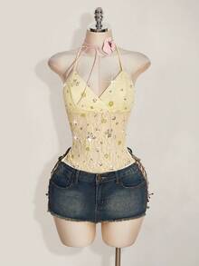 SHEIN ICON 2026新款女士度假休闲蕾丝亮片装饰露背吊带上衣，夏季可爱女士上衣，夏季束身胸衣，带肩带束身衣，女士上衣 - 淡黃色 - 查看 3