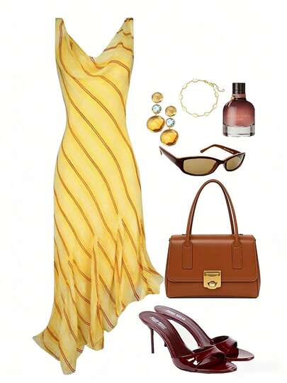 GlowEve Women's Plunging Neck Striped Asymmetric Hem Sleeveless Mid-Length Dress