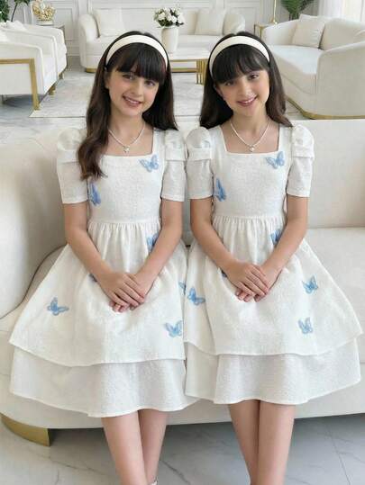 SHEIN Tween Girls Cute Butterfly Decoration Woven Solid Color Bubble Pleated Double Layer Cake Dress Casual Bow Sling French Fairy Dress, Elegant Cake Dress, Dresses Graduation, Birthday Dress, Princess Dress, Flower Girl