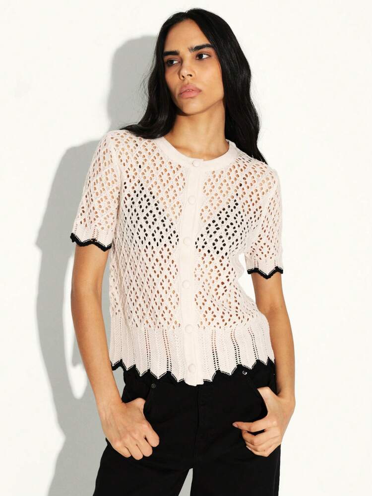 KSTM Contrast Trim Short Sleeve Open Front Knit Cardigan With Scalloped Hem And Black Accents Lightweight Spring Summer Layering