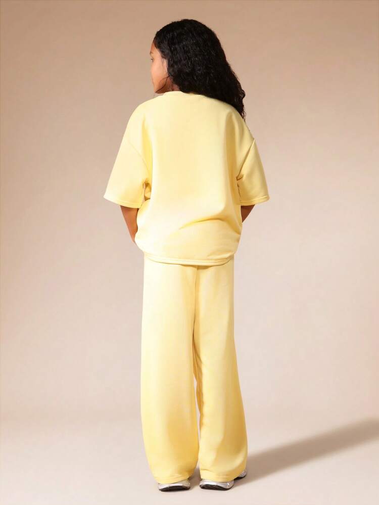 Yellow Crew Neck T-Shirt And Wide Leg Trouser Set