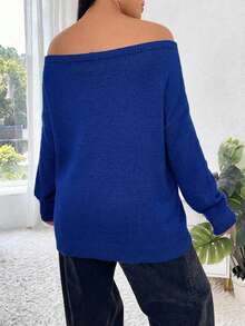 EURMUSE Plus Solid Off Shoulder Sweater Off Shoulder Sweateroff The Shoulder Sweateroff Shoulder Jumperoff The Shoulder Jumper - Blue - View 2