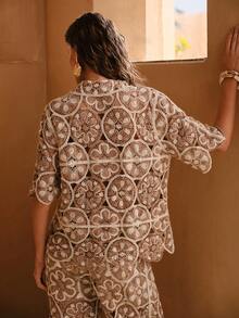 Swim Chiccia 女士优雅新款镂空沙滩罩衫，常规短袖钩针沙滩度假罩衫，夏季 - 棕色 - 查看 3