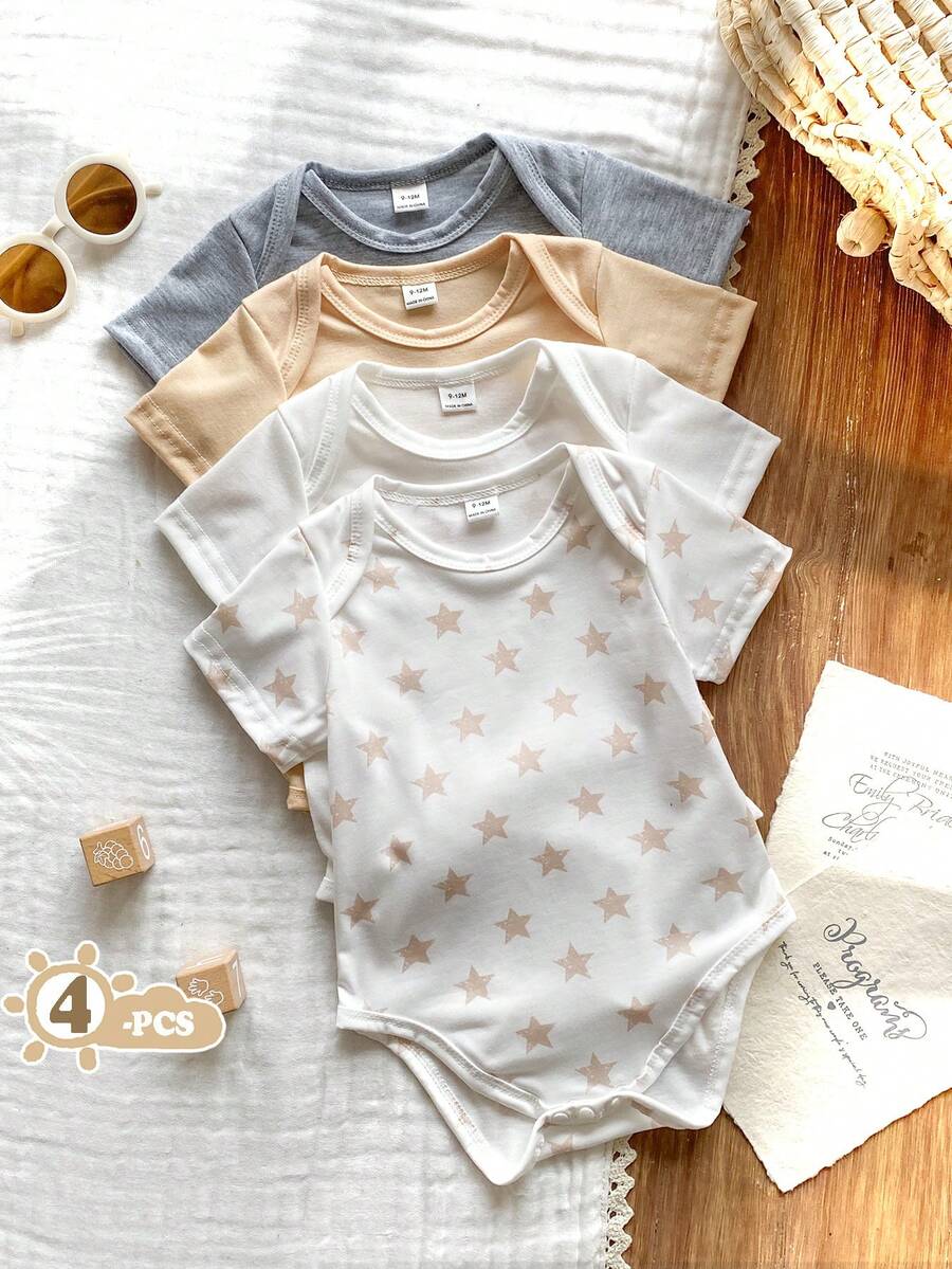 SHEIN Vintaside Kids 4pcs/Set Baby Boy/Girl Cute Knitted Elastic Striped Short Sleeve Rompers, Basic Bodysuit Multi-Pack, Spring/Summer - Multicolor - View 1