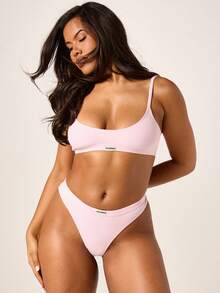 Missguided x Playboy Ribbed Scoop Bralette Thong Panty Set Light Pink Intimates Lingerie - Pink - View 3