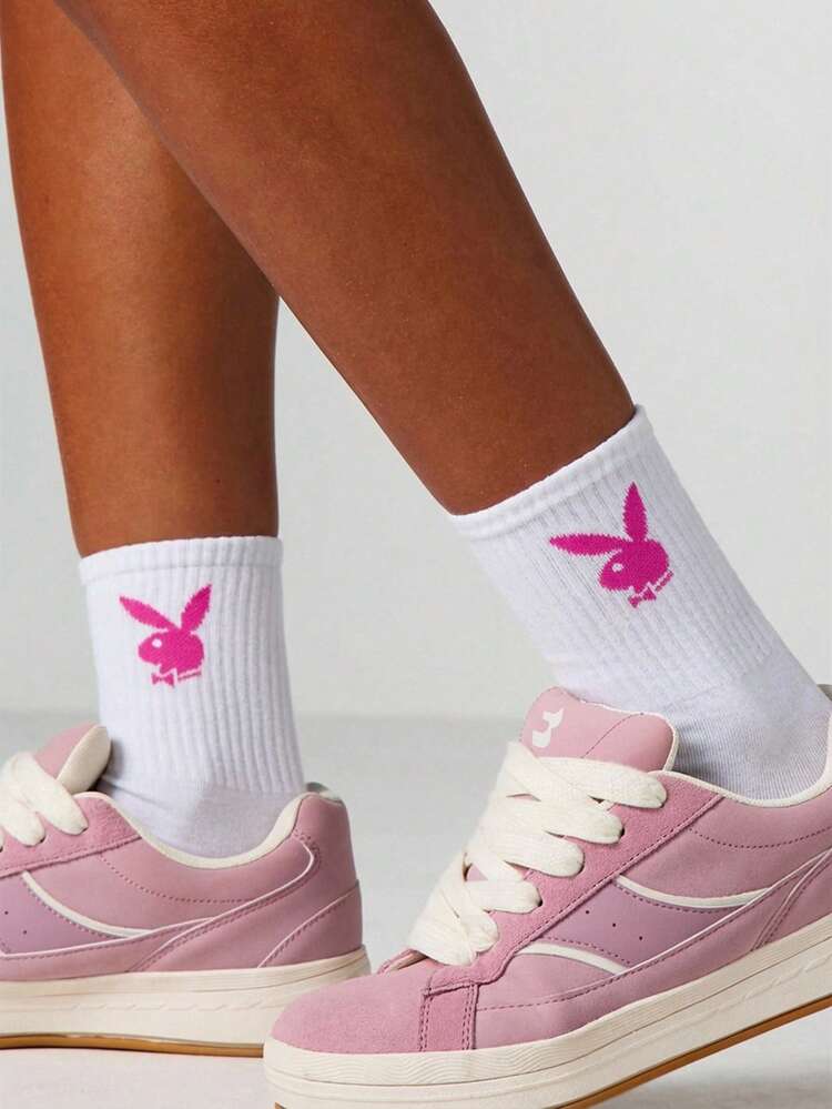 Missguided x Playboy Women's Ribbed Crew Socks With Pink Bunny Logo Print White Casual Comfort Socks