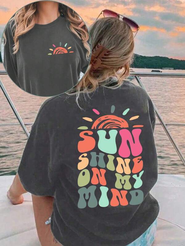 INAWLY Women's Summer Casual Round Neck T-Shirt With Letter Print