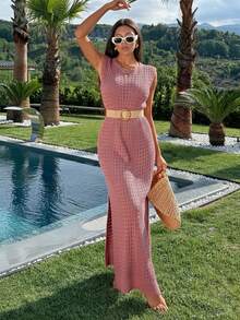 EURMUSE Women Knit Cover Up Dress With Openwork - Dusty Pink - View 4