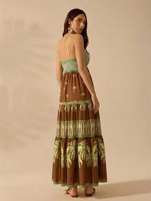 CAJUNI Women's Boho Tropical Coconut Tree Print V-Neck Spaghetti Strap Dress, Casual Holiday Beach Dress For Summer - Brown - View 2