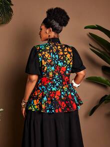 Maweii Women's Elegant Digital Print & Solid Color Splice Collar Bow Tie Waist Ruffle Hem Plus Size Short Sleeve Blouse, Suitable For Sisters' Gathering, Street Wear, And Commuting - Multicolor - View 2