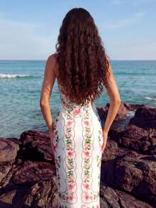 CAJUNI 玫瑰水粉花卉印花中长针织连衣裙。 - 粉色 - 查看 2