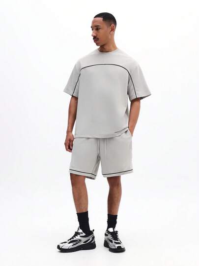 SUMWON Men's Oversized T-Shirt And Shorts Coord Set With Contrast Black Piping Details Casual Loungewear Two Piece Outfit