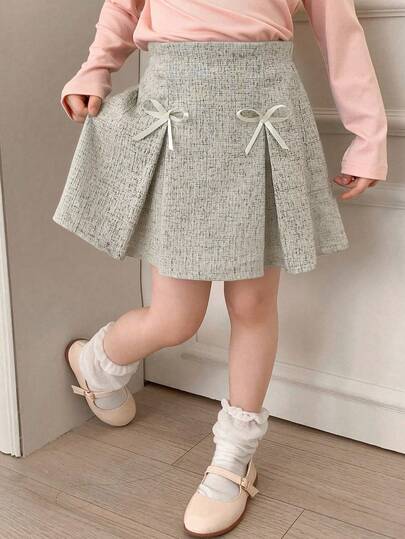 Dazy Kids Young Girl Bow Decor Pleated Casual Versatile Daily Wear Mini Skirt