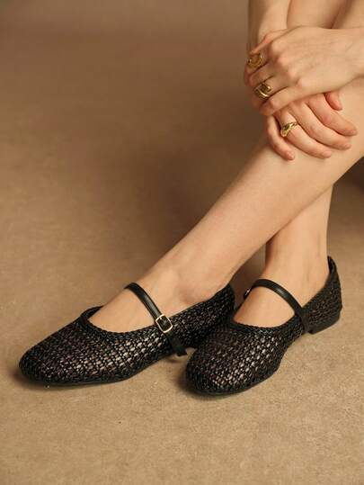Rosivie PU Woven Material Flat Shoes, Elegant Office Style Commuter Shoes