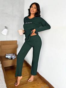 EURMUSE Slogan Ribbed Knit Lounge Set - Dark Green - View 3