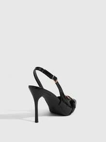 CUCCOO SZL 四季新款鳄鱼纹大纽扣尖头细跟凉鞋，金属纽扣后跟通勤鞋，红色内里高跟鞋，职场百搭女鞋 - 黑色紋 - 查看 3