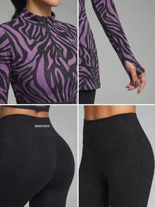 Innovista Innovista Damen lässig Sport bedrucktes Langarm-Top & Leggings Set nahtloses Set Schwarz 2 Stücke nahtloses Langarm Crop Top & Hohe Taille Leggings, lila Zebra Jacquard Strick, Reißverschluss vorne, abnehmbare Polster, formende Kompression für Gym Training Yoga Pilates | Gymtok / Athleisure / Clean Fit Zebra Workout Set Gym Leggings Set Damen Gym Outfits Tier Muster Workout Leggings Sexy Gym Sets Damen Aktivbekleidung Zwei Teile für Damen Leggings für Damen Zwei Teile Damen Workout Sets Workout Kleidung für Damen - Violett - Übersicht 10
