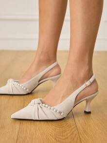 CUCCOO HITCHD 女士简约尖头仿珍珠装饰休闲高跟鞋，适合圣诞节穿着 - 淺杏色 - 查看 6