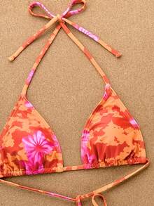 Swim Vcay 2026 Spring/Summer Spaghetti Strap Orange Floral Halter Side High Cut Tie-Side Bikini Two Pieces Swimwear, Vacation Style - Multicolor - View 4