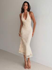 Aloruh 女士杏色优雅性感时尚浪漫约会毕业舞会露背吊带收腰蕾丝荷叶边鱼尾中长连衣裙，春夏款 - 杏色 - 查看 6