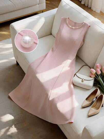 GlowEve Women's Summer Sleeveless Beaded Round Neck Fitted Waist A-Line Dress, Elegant Lightweight Casual Vacation Dress, Pink, Suitable For Dates And Valentine's Day