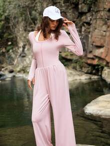 Medorelle 女士纯色圆领长袖阔腿宽松连体裤 - 粉色 - 查看 3