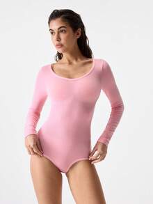 1pc Women's Black Seamless Crew Neck Long Sleeve Shapewear, Full Coverage Comfortable Jumpsuit - Pink - View 4