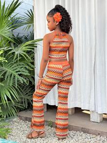 Sparklyn Tween Girls' Vacation Beach Colorful Striped Jacquard Contrast Color Tank Top + Flare Pants Set - Orange - View 5