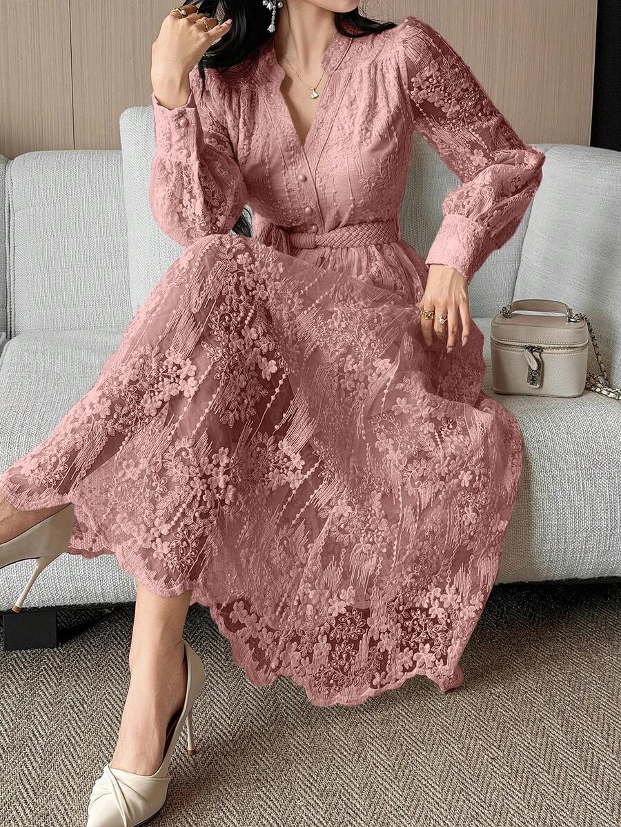 DAZY 女士优雅蕾丝领系带中长连衣裙，春夏吊带裙 - 粉色 - 查看 1