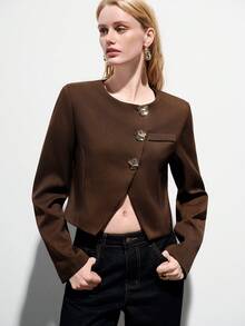 Aveloria Modichic Deep Brown Cropped Blazer With Asymmetrical Curved Hem, Round Neck, Structural Metal Button Design, Minimalist Modern Elegant Commuter Versatile - Coffee Brown - View 3