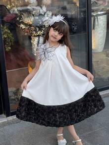 SHEIN Young Girl Woven Colorblock Round Neck Sleeveless 3D Floral Casual Dress - Multicolor - View 4