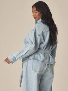 MUSERA Plus Size High Neck Zip Through Waist Tie Denim Jacket Spring Summer Cute Cosy Cottage Core Spring Dew - Blue - View 4